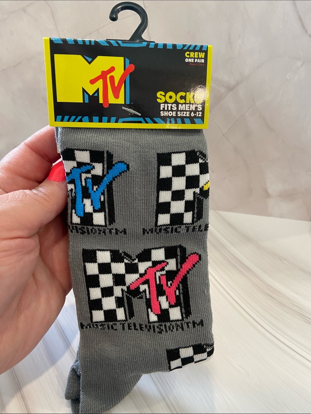 MTV Gray Crew Socks with Checkerboard & Multicolor Logos